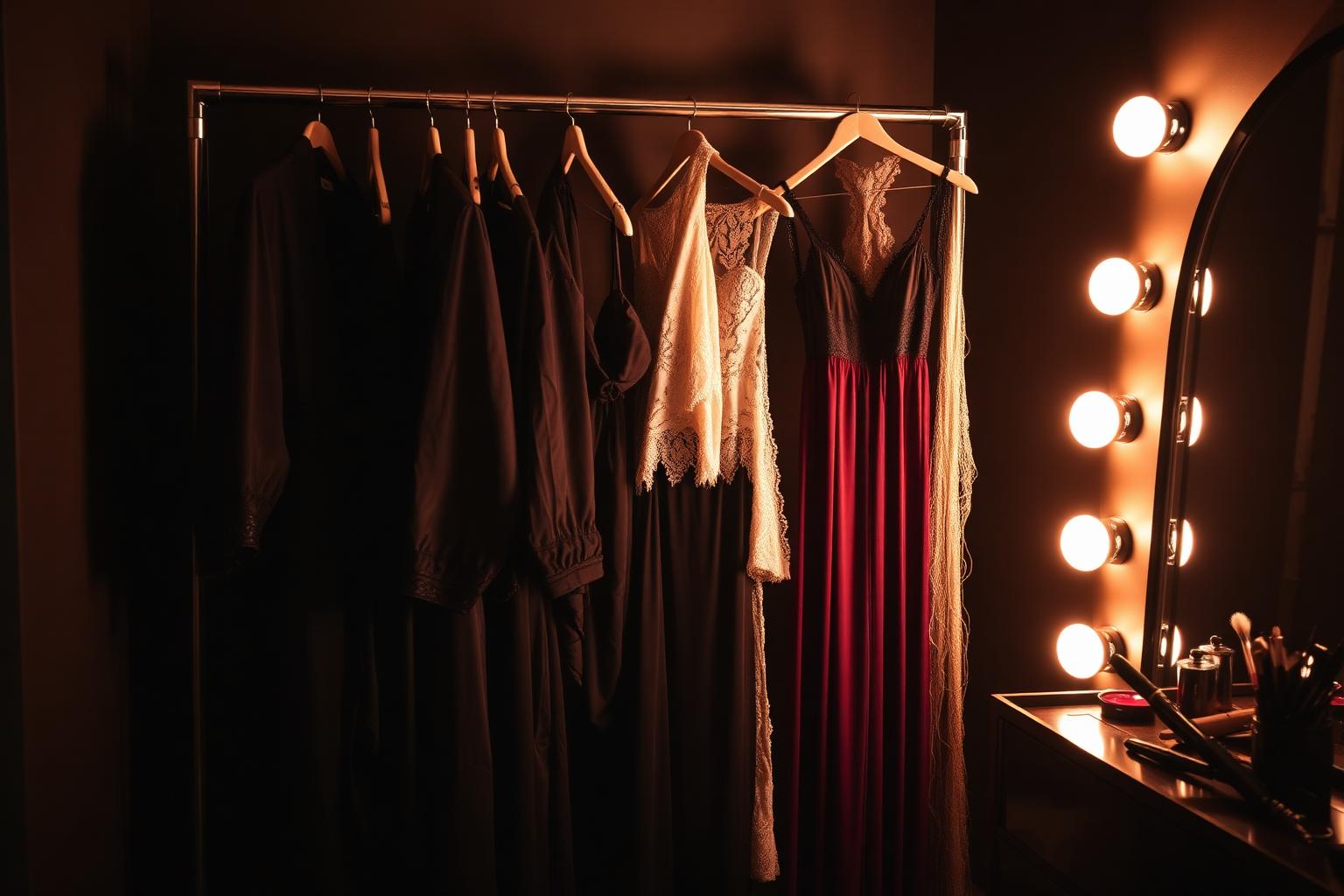 Wardrobe rack of silk robes and lace lingerie with a styling vanity in a luxury boudoir studio